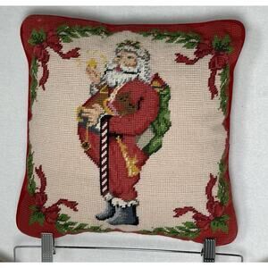 Steinwinder Needlepoint Wool Santa Checking List Pillow Cover 14" Red Velvet